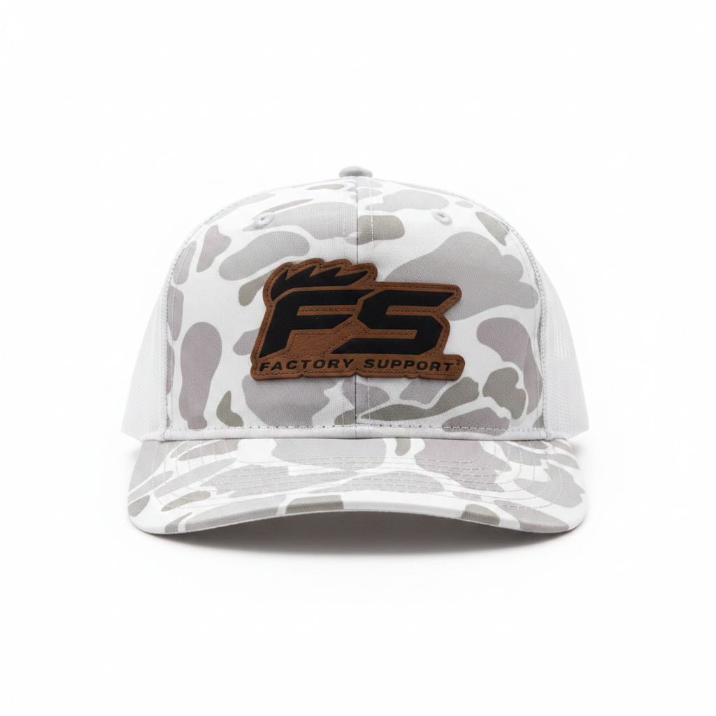 FS Factory Support white gray camo Richardson 112 trucker hat with leather patch on white background