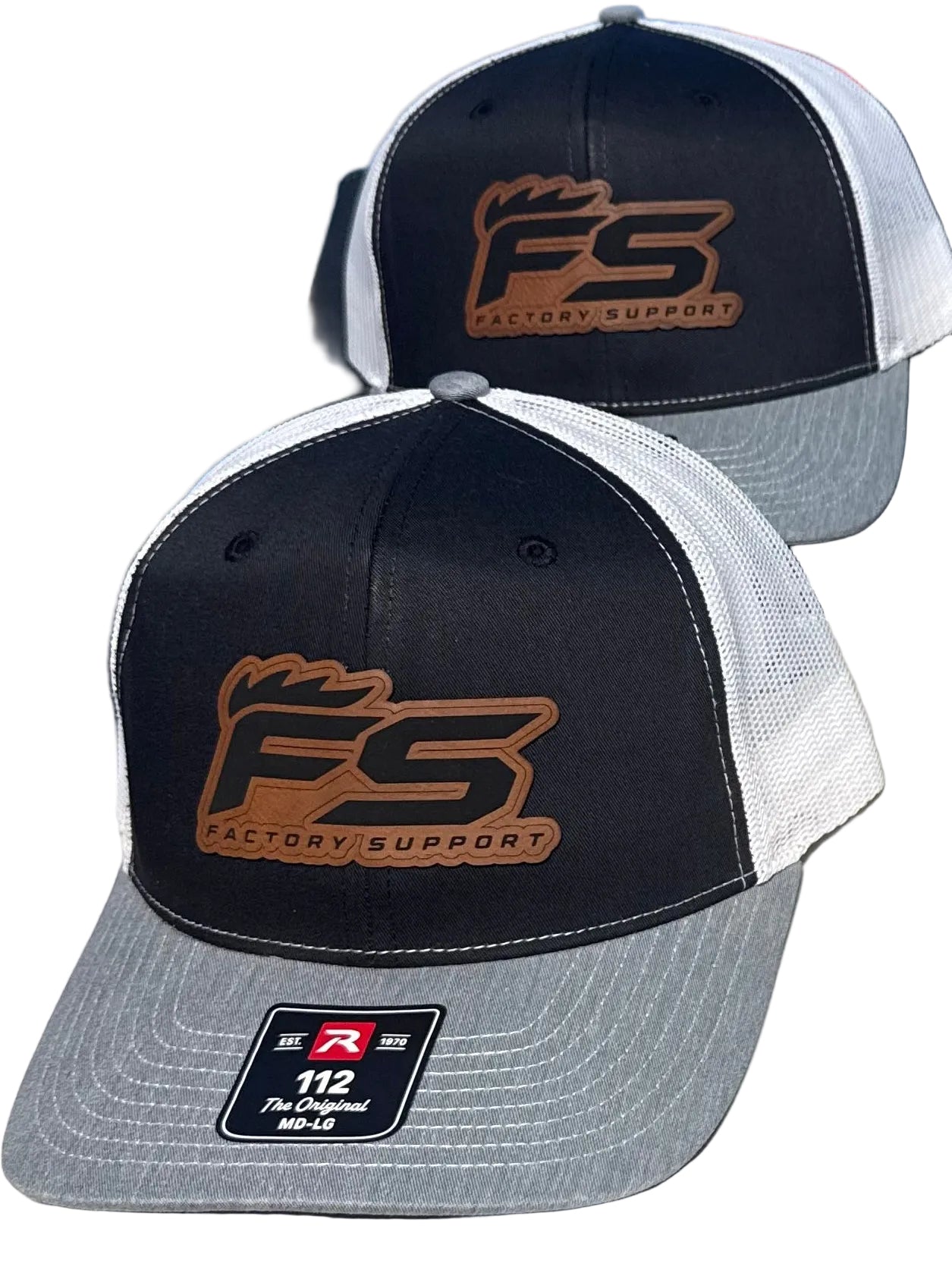FS Factory Support hat lineup including black white gray trucker and white camo